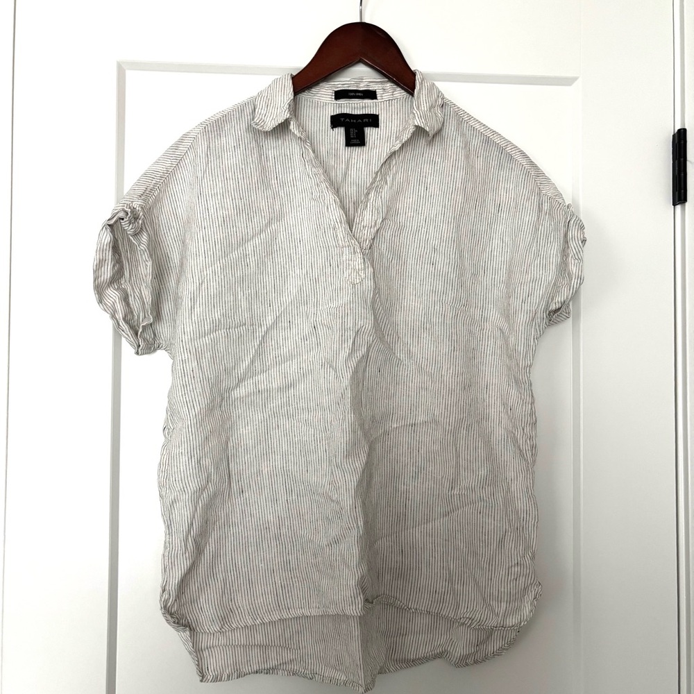 Tahari 100% Linen Top Black and White Striped Short Sleeve V-Neck Popover Blouse